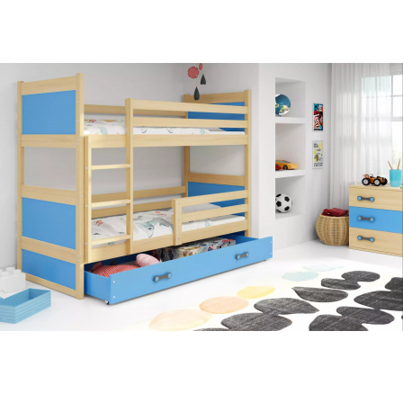 Dětská patrová postel RICO se šuplíkem 80x190 cm, bez matrací, Přírodní/Modrá