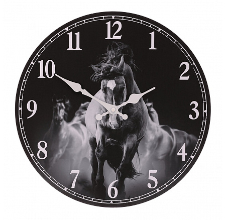 Hodiny nástěnné - pr. 34 cm, MDF, černo-bílé, motiv koní
