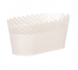 Truhlík kovový, krajkový okraj, krémová barva.