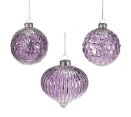 Vánoční kulatá ozdoba - sklo, mix 3 druhů, fialová, cena za 1 ks