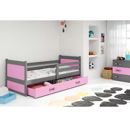 Dětská postel RICO 80x190 cm se šuplíkem, s matrací, Grafit/Růžová