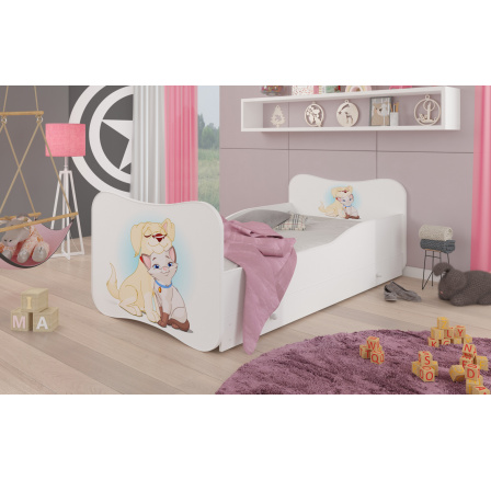 Dětská postel GONZALO s matrací a šuplíkem, 160x80 cm, Bílá/Dog and Cat