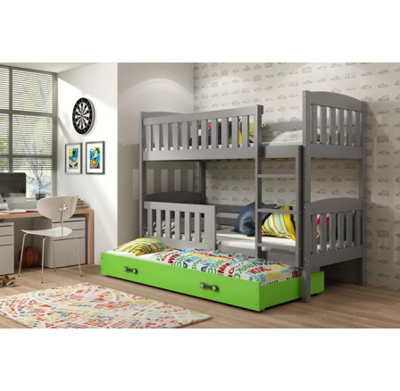 Dětská patrová postel KUBUS 3 s přistýlkou 90x200 cm, včetně matrací, Grafit/Zelená