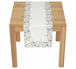 Běhoun - vzor lučních květin, bílý střed, 100 % polyester, 40 x 150 cm