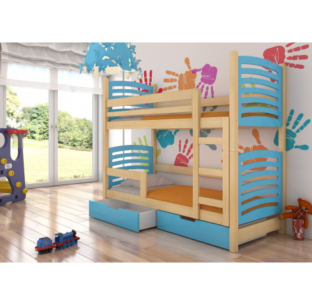 Dvoulůžková patrová postel s matracemi OSUNA Pine+Blue