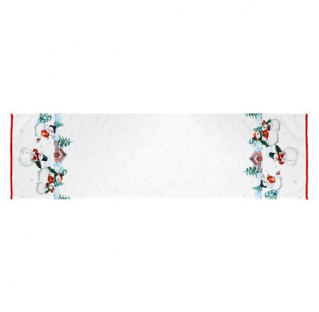 Běhoun bílý - se sněhuláky na okrajích, 100% polyester, 40 x 150 cm