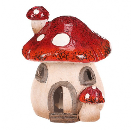 Houbový domeček - keramika, LED osvětlení, červený