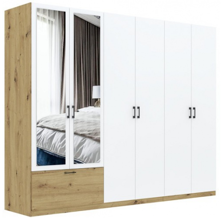 Šatní skříň ALTA 6D1S se zrcadlen, Dub Artisan/Bílá