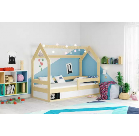 Dětská postel DOMEK s úložným prostorem s matrací, Přírodní