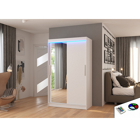 Posuvná skříň se zrcadlem a LED osvětlením BARIO 120 Bílá Posuvná skříň se zrcadlem a LED osvětlením BARIO 120 Bílá