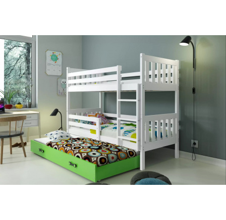 Dětská patrová postel CARINO 3 s přistýlkou 80x190 cm, včetně matrací, Bílá/Zelená