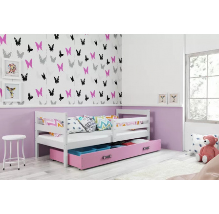 Dětská postel ERYK 90x200 cm se šuplíkem, s matrací, Bílá/Růžová