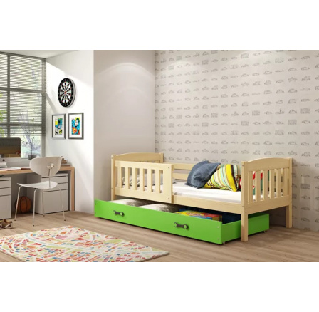 Dětská postel KUBUS 80x160 cm se šuplíkem, s matrací, Přírodní/Zelená