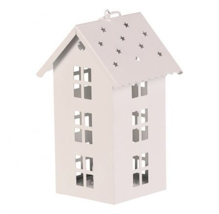 Lucerna mini - kovová, LED svíčka, patrový domek, bílá