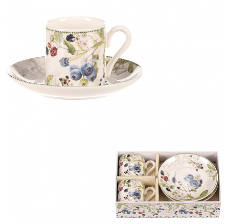 Hrneček s podšálky po 2 kusech - dárkový set, porcelán, bílý s lesními plody Hrneček s podšálky po 2 kusech - dárkový set, porcelán, bílý s lesními plody