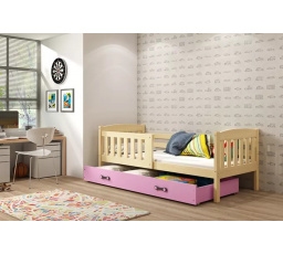 Dětská postel KUBUS 80x160 cm se šuplíkem, s matrací, Přírodní/Růžová