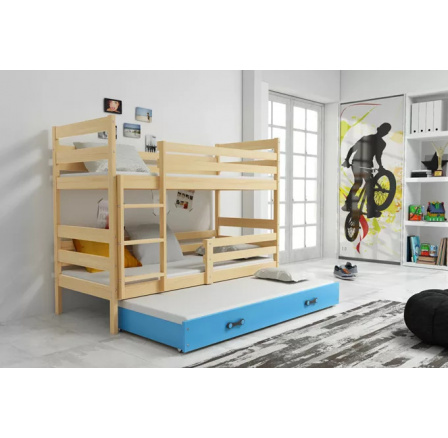 Dětská patrová postel ERYK 3 s přistýlkou 80x190 cm, včetně matrací, Přírodní/Modrá