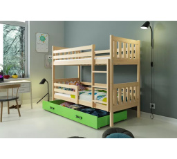 Dětská patrová postel CARINO se šuplíkem 80x190 cm, včetně matrací, Přírodní/Zelená