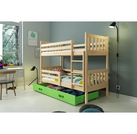 Dětská patrová postel CARINO se šuplíkem 80x190 cm, včetně matrací, Přírodní/Zelená