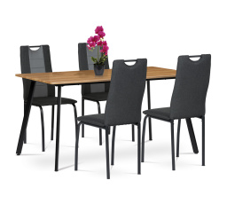 Jídelní set 1+4, stůl 150x80 cm, MDF, dekor medový dub, kov - černý lak, židle potah šedočerná látka a šedá ekokůže, kov