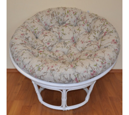 Ratanový papasan 100 cm bílý, polstr motiv ptáci