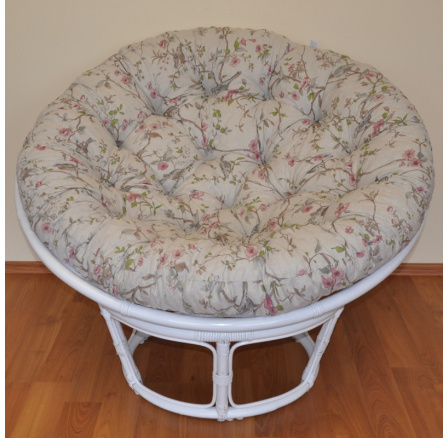 Ratanový papasan 100 cm bílý, polstr motiv ptáci