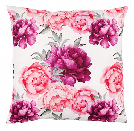 Polštář s výplní - sametový, motiv pivoněk, 100% polyester, 45 x 45 cm
