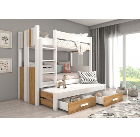 Patrová postel 3 místná ARTEMA 180x80 Bílá+Artisan s matracemi