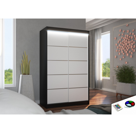 Šatní skříň s posuvnými dveřmi a LED osvětlením BENISSO 120 Černá+Bílá