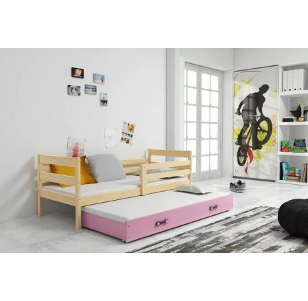 Dětská postel ERYK s přistýlkou 90x200 cm, včetně matrací, Přírodní/Růžová
