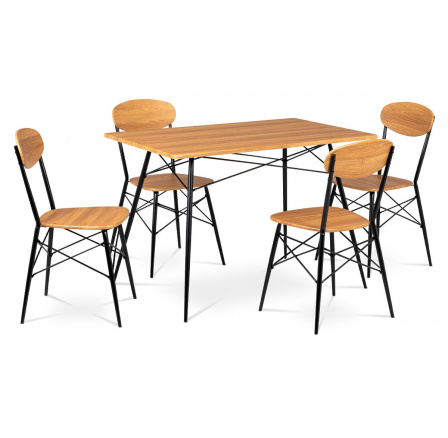 Jídelní set (1+4), MDF dekor medový dub, čtyřnohá kovová podnož, černý matný lak Jídelní set (1+4), MDF dekor medový dub, čtyřnohá kovová podnož, černý matný lak
