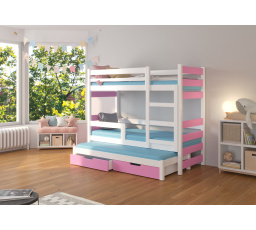 Dětská patrová postel KARLO s výsuvem a se šuplíky, včetně matrací, Bílá/Růžová