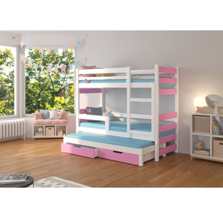 Dětská patrová postel KARLO s výsuvem a se šuplíky, včetně matrací, Bílá/Růžová