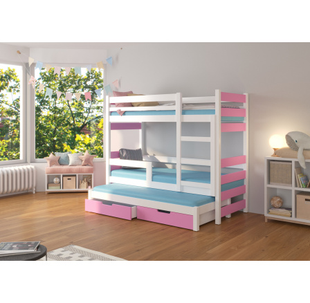 Třílůžková patrová postel s matracemi KARLO White+Pink