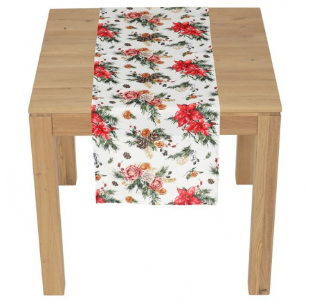 Běhoun - vánoční květy a jehličí, 100% polyester, 40 x 150 cm