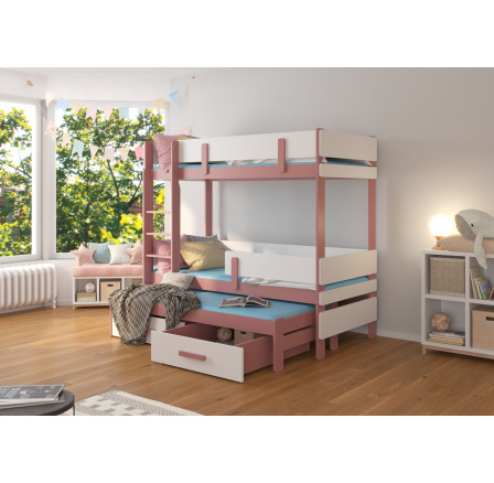 Třílůžková patrová postel ETAPO 180x80 Růžová+Bílá