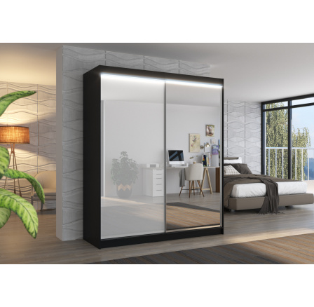 Šatní skříň VENUS 180, Černá/Bílý LACOBEL + LED osvětlení