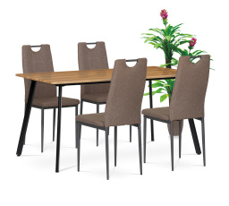 Jídelní set 1+4, stůl 150x80 cm, MDF, dekor medový dub, kov - černý lak, židle potah hnědá látka, kov - antracitový lak