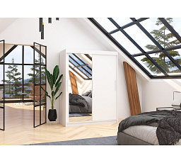 Šatní skříň s posuvnými dveřmi a zrcadlem BIANCO 150 Bílá+Bílá