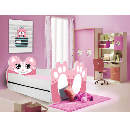 Dětská postel BEAR s matrací a šuplíkem, 140x70 cm, Bílá/Růžová