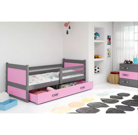 Dětská postel RICO 80x190 cm se šuplíkem, bez matrace, Grafit/Růžová