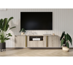 Závěsná TV skříňka Verica 150 cm s výklenkem - dub sušenka / zlaté úchyty