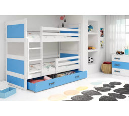 Dětská patrová postel RICO se šuplíkem 90x200 cm, včetně matrací, Bílá/Modrá