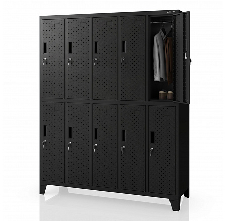 Šatní skříň BHP, přihrádková, perforovaná, 10 přihrádek, černá, 1360x1720x450 mm: BARTEK PRO Šatní skříň BHP, přihrádková, perforovaná, 10 přihrádek, černá, 1360x1720x450 mm: BARTEK PRO