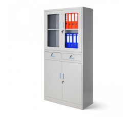 Kancelářská prosklená kovová skříň na dokumenty se zásuvkami EDMUND, 900 x 1850 x 400 mm, šedá