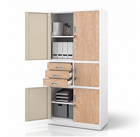 Kancelářská kovová skříň s trezorem bílá / dub sonoma: Eco Design FILIK II, 900 x 1850 x 400 mm Kancelářská kovová skříň s trezorem bílá / dub sonoma: Eco Design FILIK II, 900 x 1850 x 400 mm