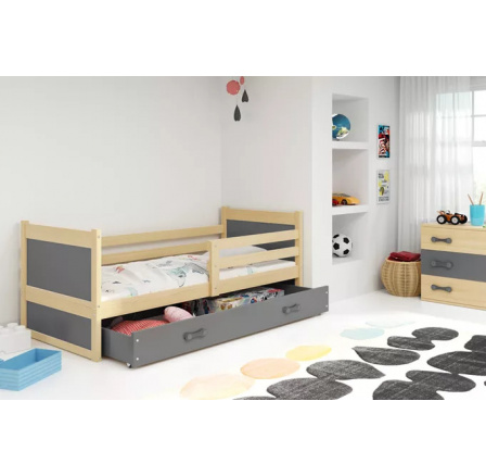 Dětská postel RICO 90x200 cm se šuplíkem, s matrací, Přírodní/Grafit