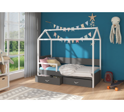 Dětská postel Domek OTELLO 180x80 cm se zábranou, s matrací, 180x80, Bílá/Antracit