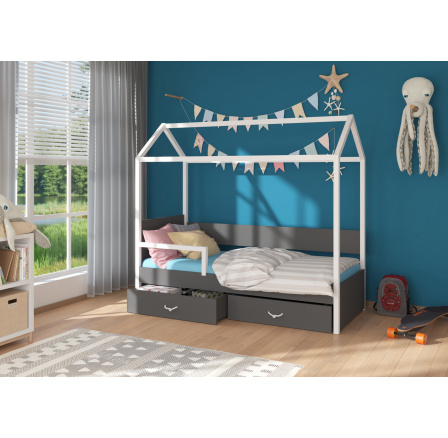Dětská postel Domek OTELLO 180x80 cm se zábranou, s matrací, 180x80, Bílá/Antracit