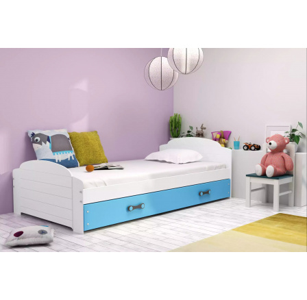 Dětská postel LILI 90x200 cm se šuplíkem, s matrací, Bílá/Modrá